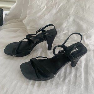 Unlisted Black High Heels Leather Straps & Wooden Souls Vintage Size 8